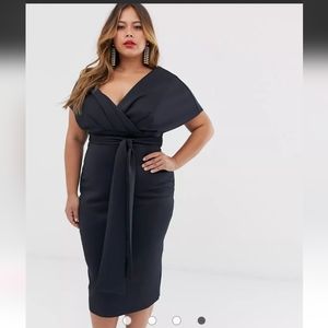 ASOS DESIGN Curve fallen shoulder midi pencil dress with tie detail size 12